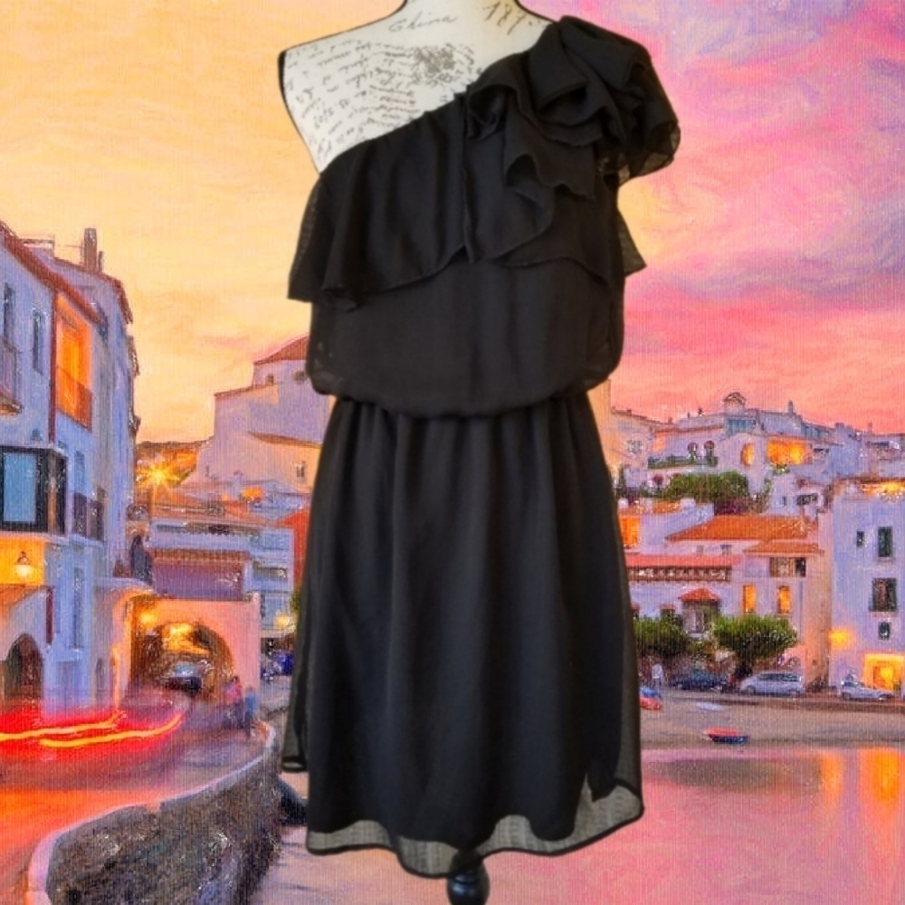 Y2K Party Dress Black Ruffle Dress One Shoulder Dress Size M